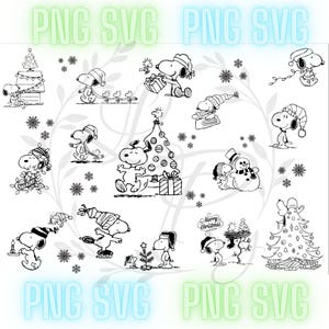 May include: Black and white illustrations of Snoopy in various Christmas scenes. Snoopy is decorating a tree, ice skating, and holding gifts. Snowflakes and Christmas trees are also featured in the design.