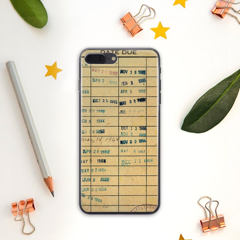 May include: A vintage-style phone case with a yellowed, paper-like design. The case features a date due chart with handwritten dates from 1962 to 1969. The text "DATE DUE" is printed at the top of the chart.