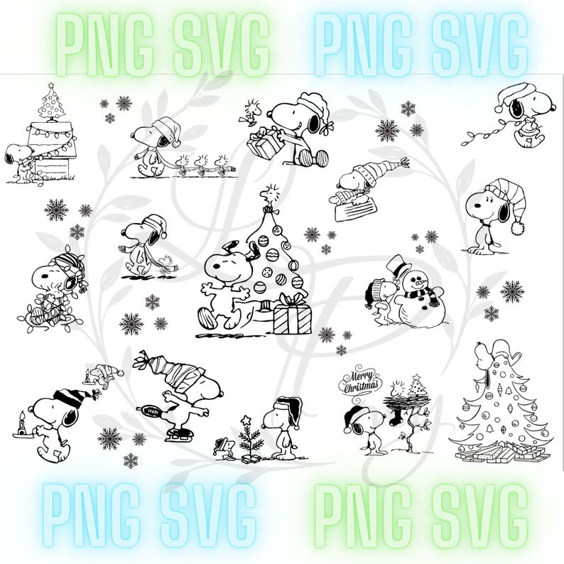 May include: A collection of black and white illustrations featuring Snoopy in various Christmas scenes. Snoopy is shown decorating a tree, ice skating, and with a snowman. Snowflakes and the text "Merry Christmas" are also included.
