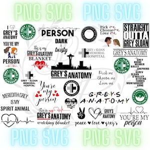 Könnte beinhalten: Eine Sammlung digitaler Designs mit Motiven aus der Fernsehserie Grey's Anatomy. Die Designs beinhalten Text, Logos und Illustrationen. Einige der Texte beinhalten "Grey's Anatomy", "You're my person", "Pick me choose me love me" und "Straight outta Grey Sloan".