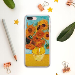 May include: A phone case featuring a painting of sunflowers in a vase. The sunflowers are yellow and orange, and the vase is yellow. The background is blue and yellow.