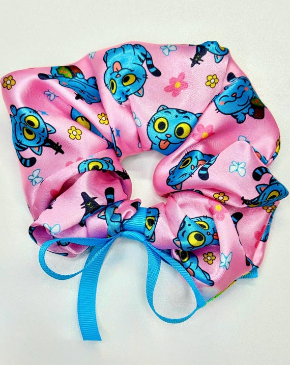 Inspired Blue Tiger/Cat Scrunchie – Strong Hold Handmade Hair Bow