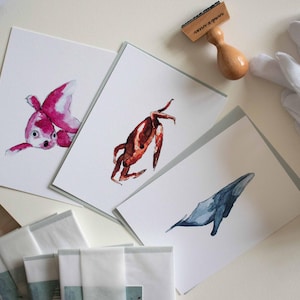 Postkarten Set Meerestiere Wal Krabbe und Fisch