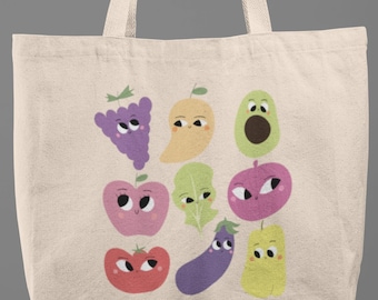 Animated Fruit & Veggies Reusable Canvas Grocery Tote Bag (Free Shipping)