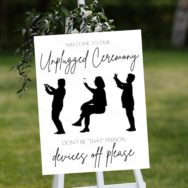 Funny Black and White Silhouette Unplugged Wedding Ceremony Sign (digital download)