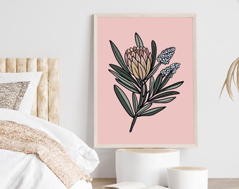 Protea Print Australian Native Flower Art Print Australian Prints Botanical Wall Art Botanical Print Original Artwork Pink Wall Art Floral