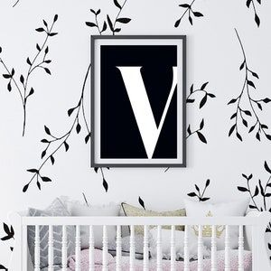 Black V Initial Artwork Letter V Name Initial Prints Wall Art V Print Baby Wall Art Initial Print Letter Artwork Single Letter Print