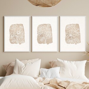 Set of 3 Floral Prints Baby Nursery Wall Art Brown Flower Art Neutral Wall Art Botanical Print Flower Line Art Print Beige Tan Art Brown Art