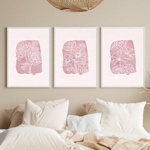 Set of 3 Floral Pink Prints Bedroom Wall Art Pink Flower Art Botanical Print Flower Line Art Print Pink Prints Pink Hallway Prints Pink Art