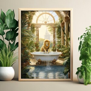 Bath Print Animal Bathroom Print Lion in Bathtub Toilet Print Pot Plant Art Bathroom Wall Art Botanical Leaves Print Bathroom Decor Floral