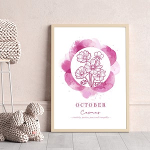 Pink Birth Print Birth Art Cosmos Flower Print October Birth Print Cosmos Birth Month Flower Art Baby Nursery Wall Art October Print Pink