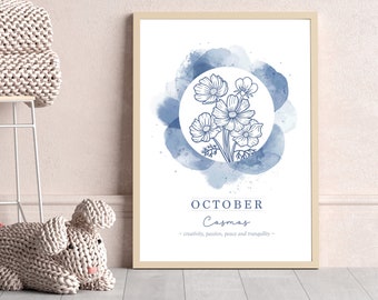 Cosmos Flower Print, October Birth Print, Cosmos Birth Month Flower Art, Baby Nursery Wall Art, Blue Birth Print, Birth Art, October Print
