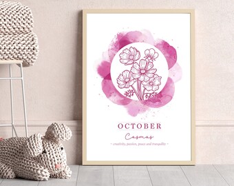 Pink Birth Print, Birth Art, Cosmos Flower Print, October Birth Print, Cosmos Birth Month Flower Art, Baby Nursery Wall Art, October Print