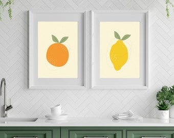 Citrus Wall Art, Set of 2 Prints, Citrus Prints, Fruit Prints, Kitchen Wall Decor, Lemon and Orange, Dining Room Prints, Abstract Fruit Art