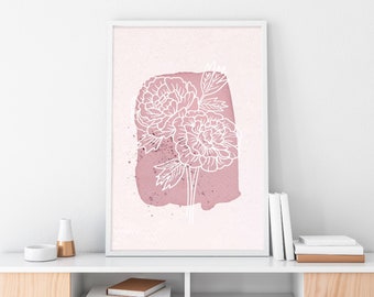 Pink Peony Flower Art, Peony Flower Print, Baby Nursery Wall Art, Pink Wall Art, Botanical Print, Flower Lineart Print, Pink Floral Art
