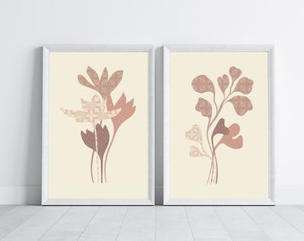 Set di 2 stampe geometriche con foglie marroni, stampa con motivo fiori e foglie marroni, arte da parete botanica, poster floreale marrone, set di due stampe