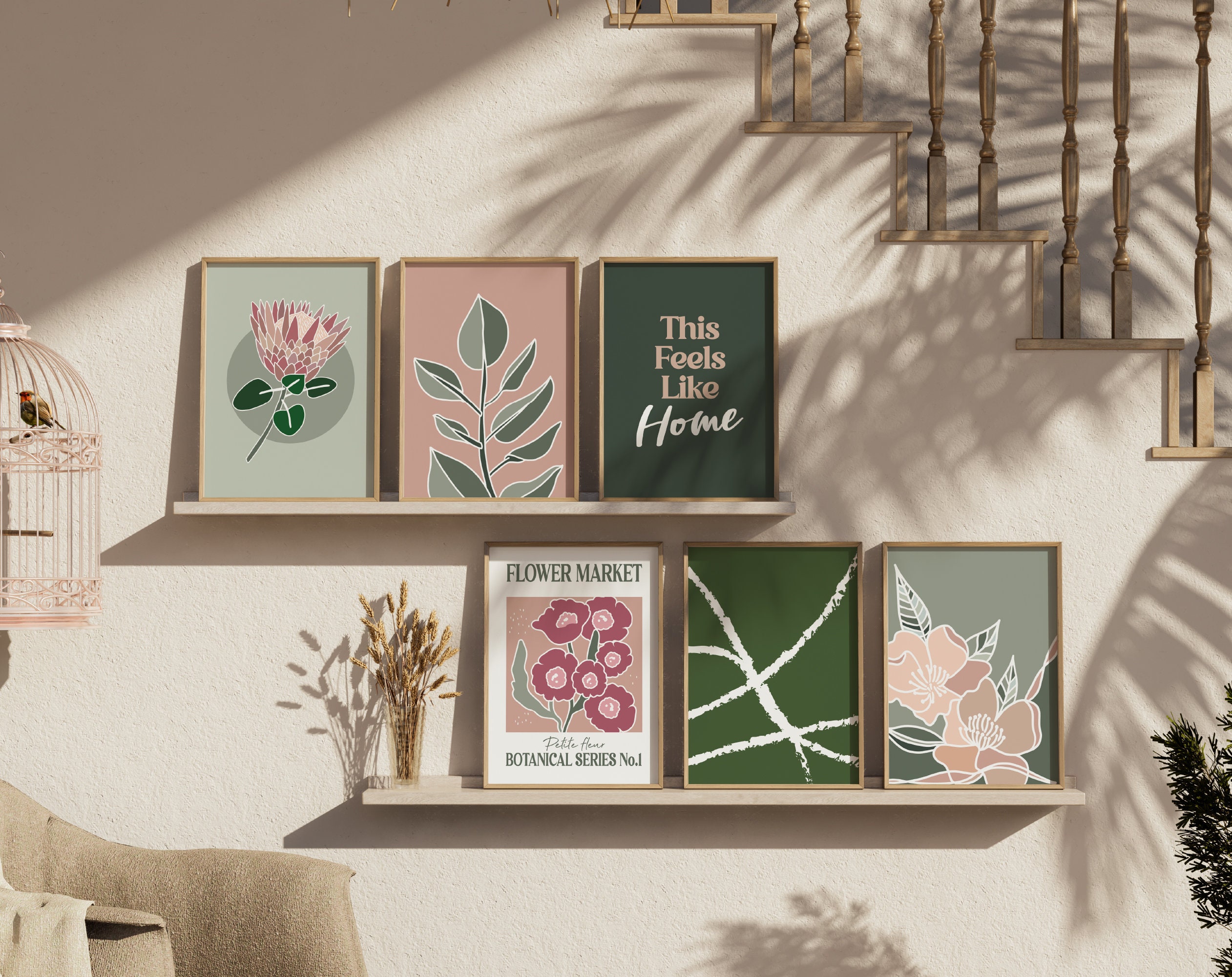 Botanical Gallery Wall Art Set Pink Wall Art Australian Protea Wall ...