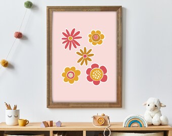 Abstract Flower Wall Art Pink and Mustard Daisy Print Botanical Print Flower Nursery Print Children's Boho Decor Original Artwork