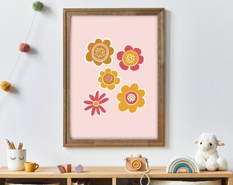 Pink and Mustard Daisy Print Abstract Flower Wall Art Botanical Print Flower Nursery Print Children's Boho Decor Original Artwork Art