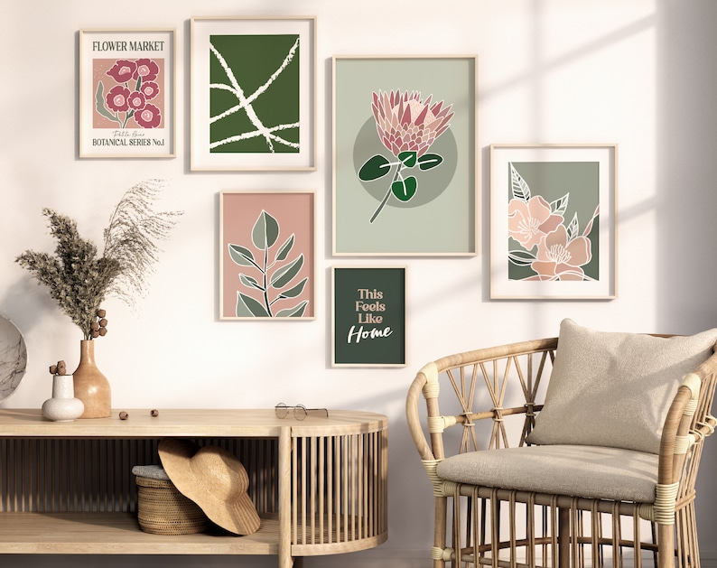 Botanical Gallery Wall Art Set Pink Wall Art Australian Protea Wall ...