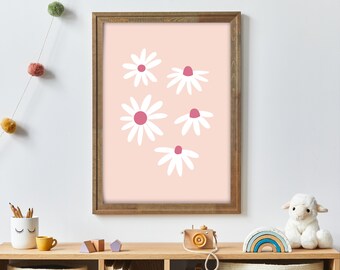 White Daisy Print Flower Wall Art Botanical Print Flower Nursery Prints Children Boho Decor Original Artwork White and Pink Flowers