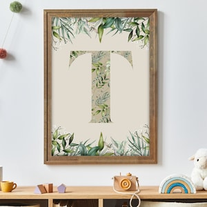 T Print Leaf Letter T Jungle Wall Art Print Watercolour Bedroom Poster T Initial Artwork Letter Art Green Artwork for Children's  Room
