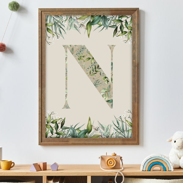 Leaf Letter N, N Print, N Initial Artwork, Letter Art, Tropical Bedroom Poster, Jungle Wall Art Print, Artwork for Kids Room, Leaf Wall Art