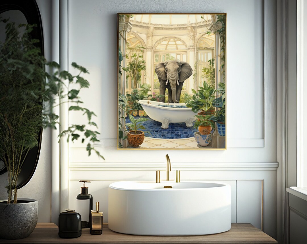 Elephant in Bathtub Animal Bathroom Print Bathroom Wall Art Botanical ...