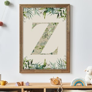 Z Print Leaf Letter Z Jungle Leaves Wall Art Print Watercolour Bedroom Poster Z Initial Artwork Letter Art Green Personalised Prints
