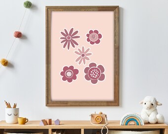 Abstract Flower Wall Art Pink and Fuchsia Daisy Print Botanical Print Flower Nursery Print Children's Boho Decor Original Artwork