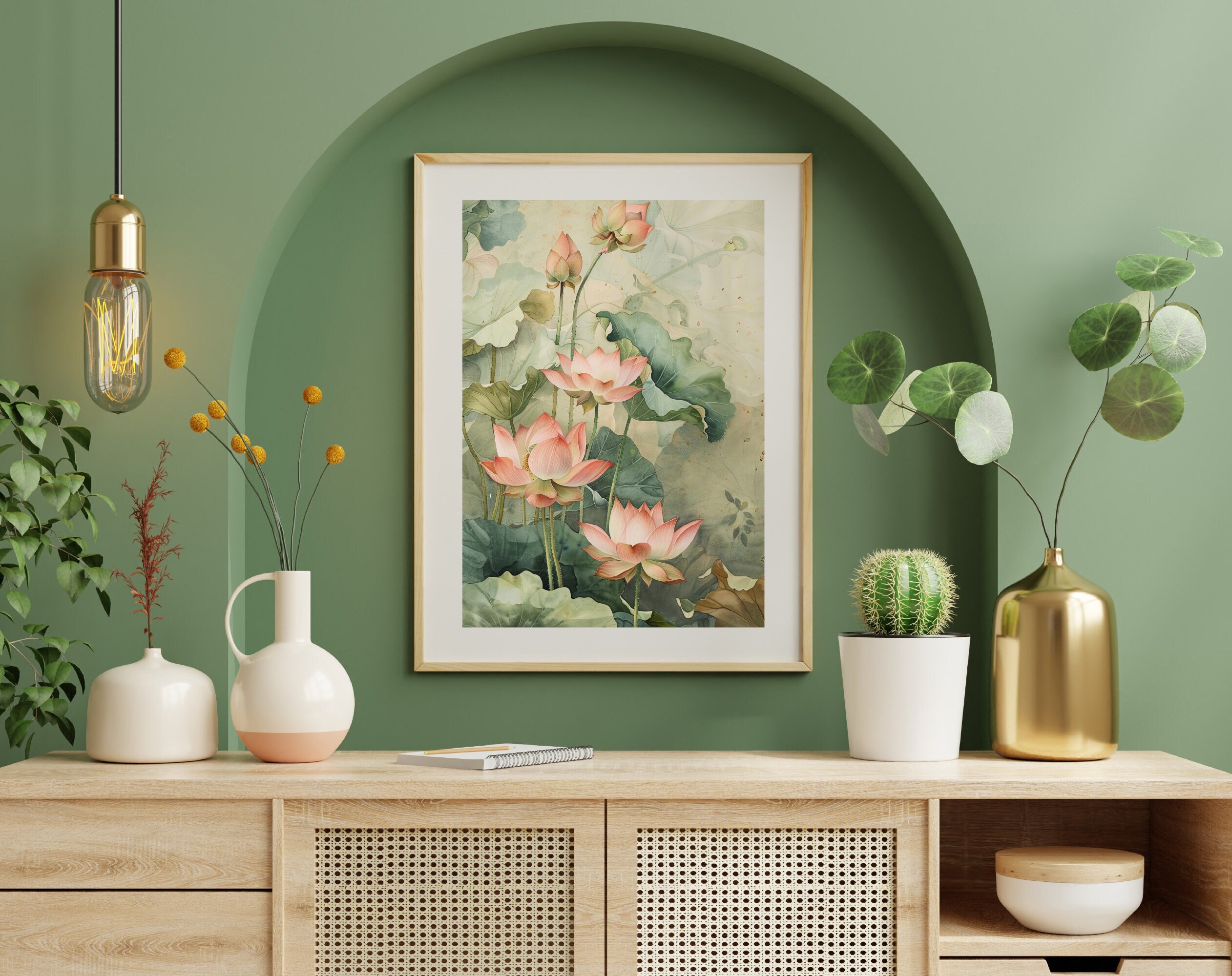 Lotus Wall Art Watercolor Lotus Print Pink and Green Lotus Art ...