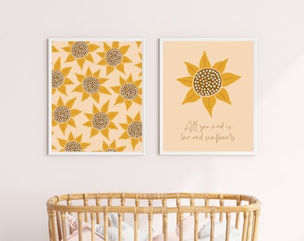 Sunflower Print Set of 2 Prints Floral Botanical Print Sunflower Wall Art Flower Nursery Prints Children Boho Decor Flower Quote Art