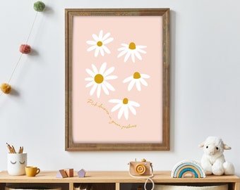 White Daisy Print Flower Wall Art Botanical Print Flower Nursery Prints Children Boho Decor Original Artwork White and Pink Flowers
