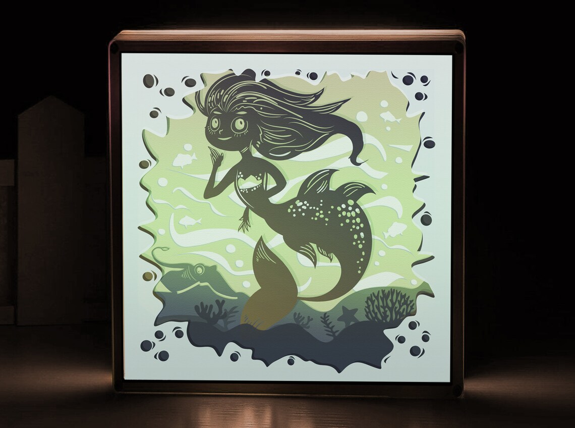 3D Paper Cut Light Box Template Mermaid SVG Template Files SWG - Png ...