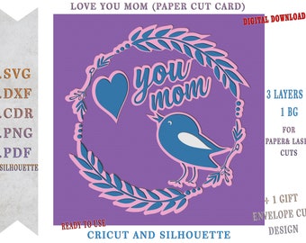 Mother's Day Card Ver.4 SVG & Envelope, Love You Mom Card Cricut and Silhouette files For Paper Cut and Laser Cut