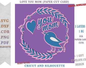 Mother's Day Card Ver.4 SVG & Envelope, Love You Mom Card Cricut and Silhouette files For Paper Cut and Laser Cut