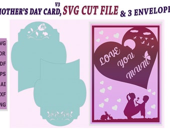 Tarjeta de Feliz Día de la Madre Ver.3 SVG y 3 sobres SVG, archivos para Cricut y Silhouette Svg - Png - Cdr - Dxf - Dwg - Eps - AI Archivo para corte de papel