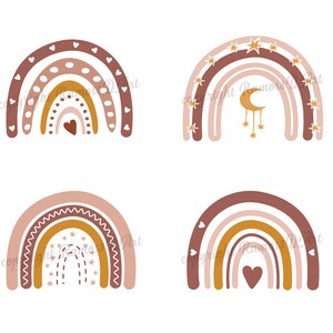 May include: Four different rainbow designs with various patterns and colors. The rainbows are in shades of brown, pink, and yellow. Some rainbows have hearts, stars, and moons.