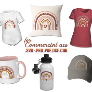 May include: A set of digital designs featuring a rainbow with stars, hearts, and dots in shades of brown, pink, and yellow. The designs are shown on a variety of products, including a t-shirt, a tote bag, a mug, a water bottle, and a pillow. The text "for Commercial use .SVG .PNG .PDF .DXF .CDR" is also included in the image.