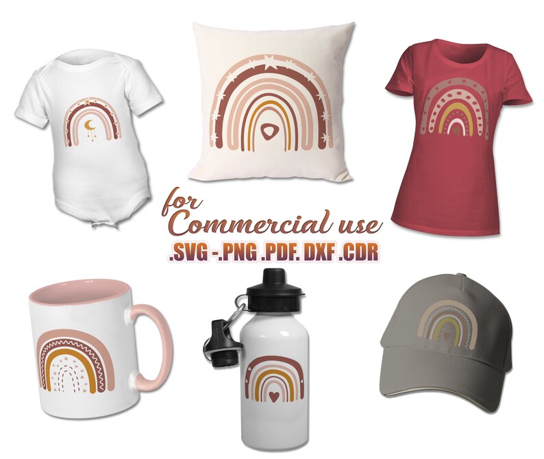 May include: A set of digital designs featuring a rainbow with stars, hearts, and dots in shades of brown, pink, and yellow. The designs are shown on a variety of products, including a t-shirt, a tote bag, a mug, a water bottle, and a pillow. The text "for Commercial use .SVG .PNG .PDF .DXF .CDR" is also included in the image.