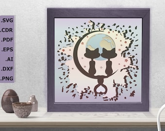 Kat paren 3D-papier gesneden lichtbak sjabloon SVG, Shadow Box sjabloon Cricut en silhouet Svg - PNG - Cdr - Dxf - Eps-AI-bestand voor papier snijden