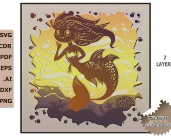 3D Paper cut light box template Mermaid SVG Template files SWG - Png - Cdr - Dxf - Dwg - Eps - AI File For Paper Cut and Laser Cut