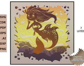 Plantilla de caja de luz 3D para papel recortado: Sirena. Archivos SVG: SWG, PNG, CDR, DXF, DWG, EPS y AI. Para corte en papel y láser.
