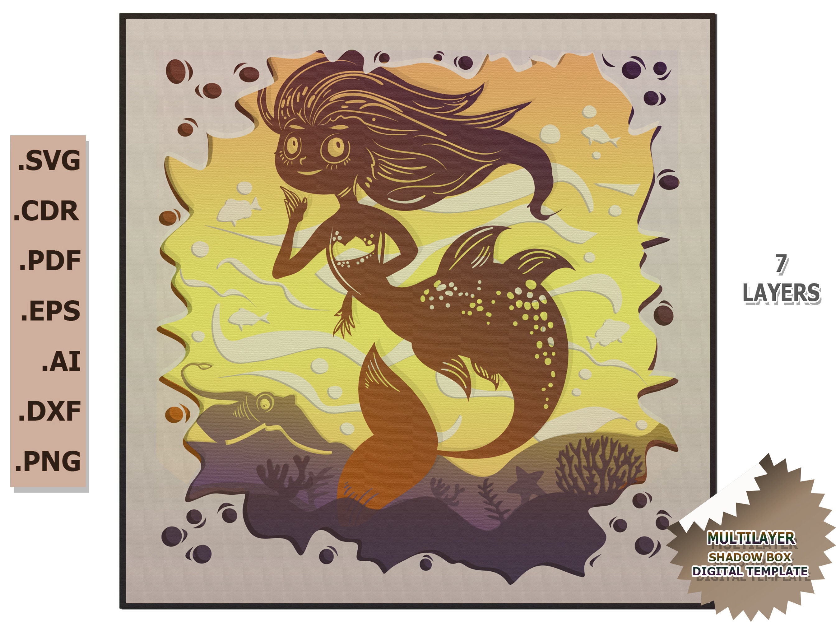 3D Paper Cut Light Box Template Mermaid SVG Template Files SWG - Png ...