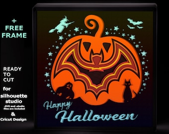 Halloween shadow box svg, Bat in the pumpkin shadow box svg, + free paper frame