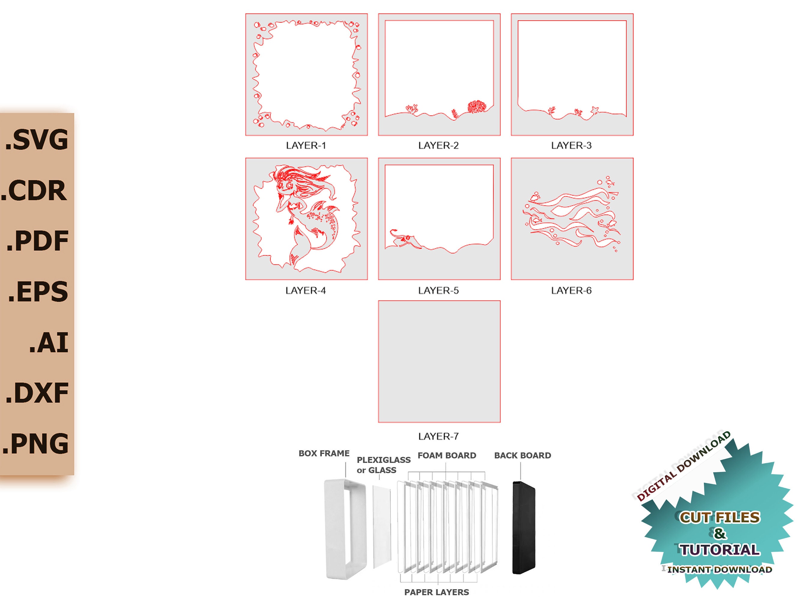 3D Paper Cut Light Box Template Mermaid SVG Template Files SWG - Png ...
