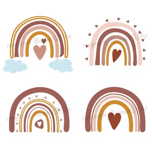 May include: Four rainbow illustrations with hearts in the center. The rainbows are in shades of brown, pink, and yellow. The hearts are in shades of brown and pink.
