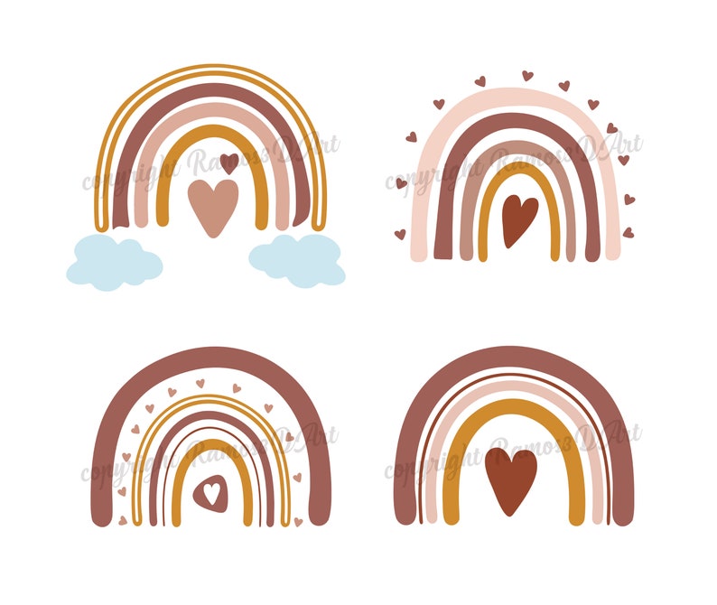 May include: Four rainbow illustrations with hearts in the center. The rainbows are in shades of brown, pink, and yellow. The hearts are in shades of brown and pink.