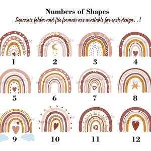 May include: Twelve different rainbow designs with various patterns and colors. Each rainbow has a number from 1 to 12 underneath it. The rainbows are in a grid format.