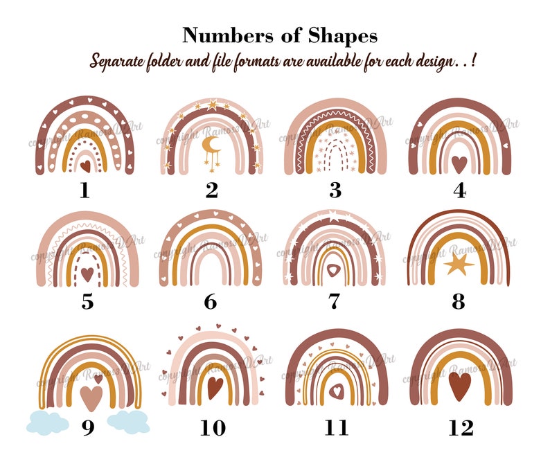 May include: Twelve different rainbow designs with various patterns and colors. Each rainbow has a number from 1 to 12 underneath it. The rainbows are in a grid format.